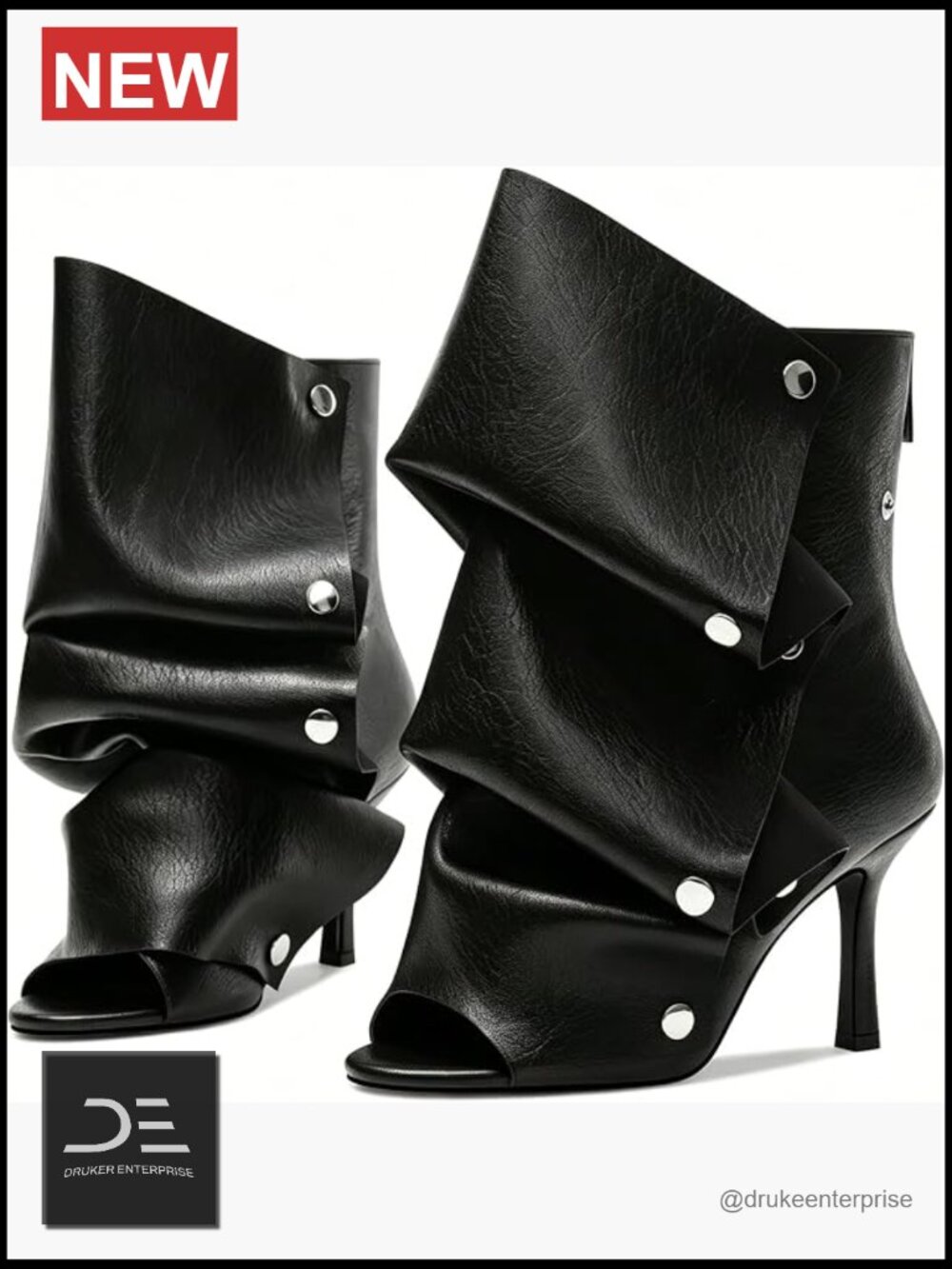 Open Toe Fold Over Ankle Booties Stiletto Heels Faux Leather Detachable Panel